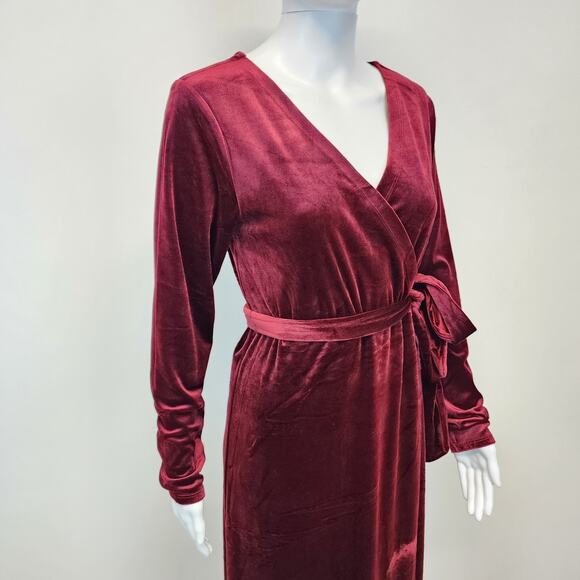 Velvet Faux Wrap Maxi Dress Size L Berry Red Dark Romantic Fairy Medieval Goth - Picture 2 of 15